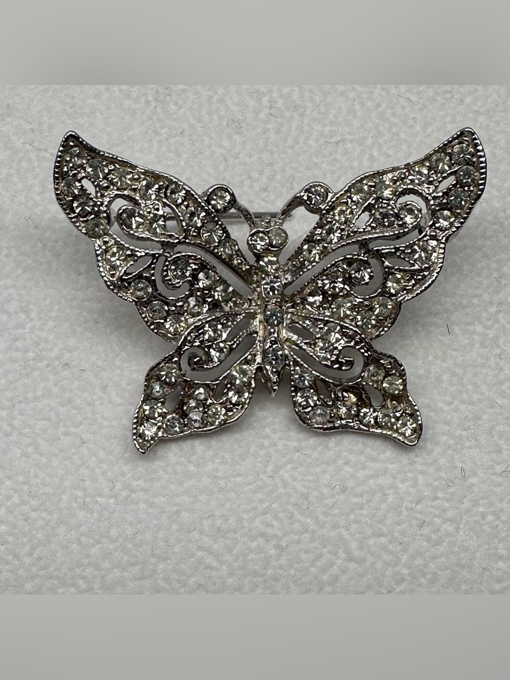 Vintage MCM Signed Hedy Clear Rhinestone Butterfly Brooch Pin Silver *READ